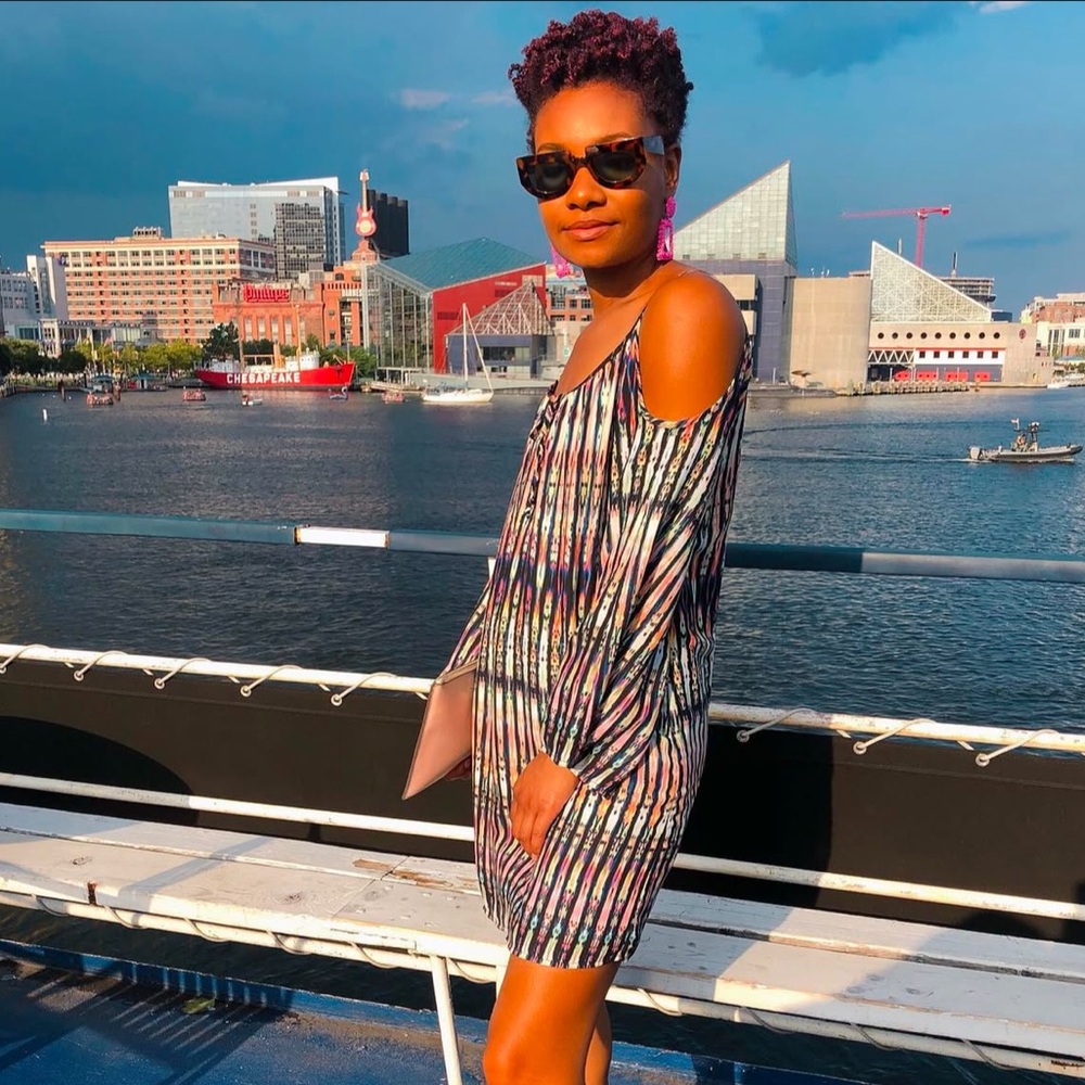 Cold shoulder abstract print dress